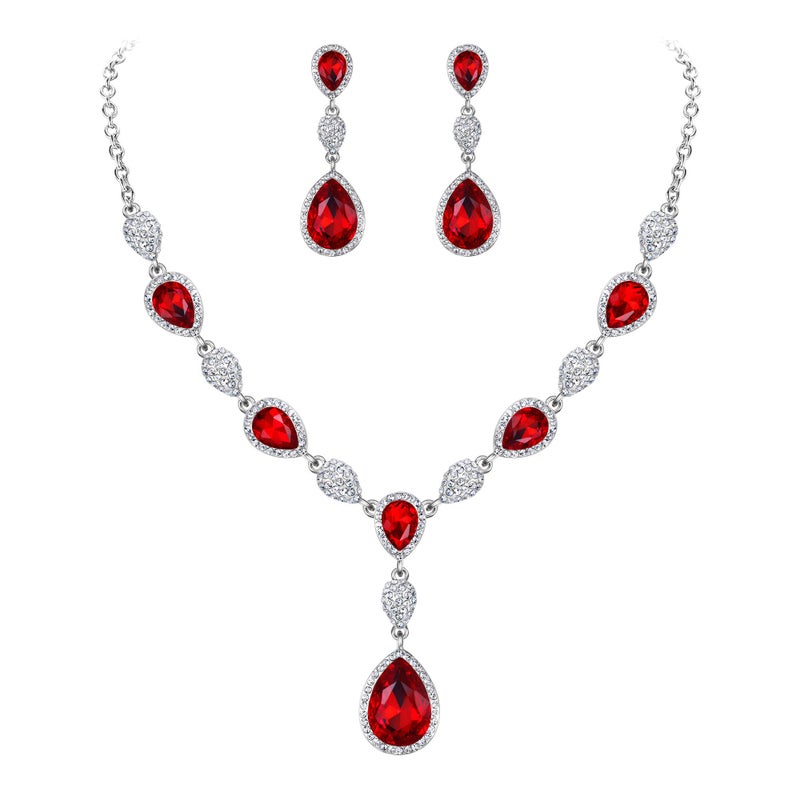 EleQueen Women's Cubic Zirconia Teardrop Y-Necklaces Dangle Earrings Sets for Brides Bridesmaids Ruby Clear-Tone - Image 1